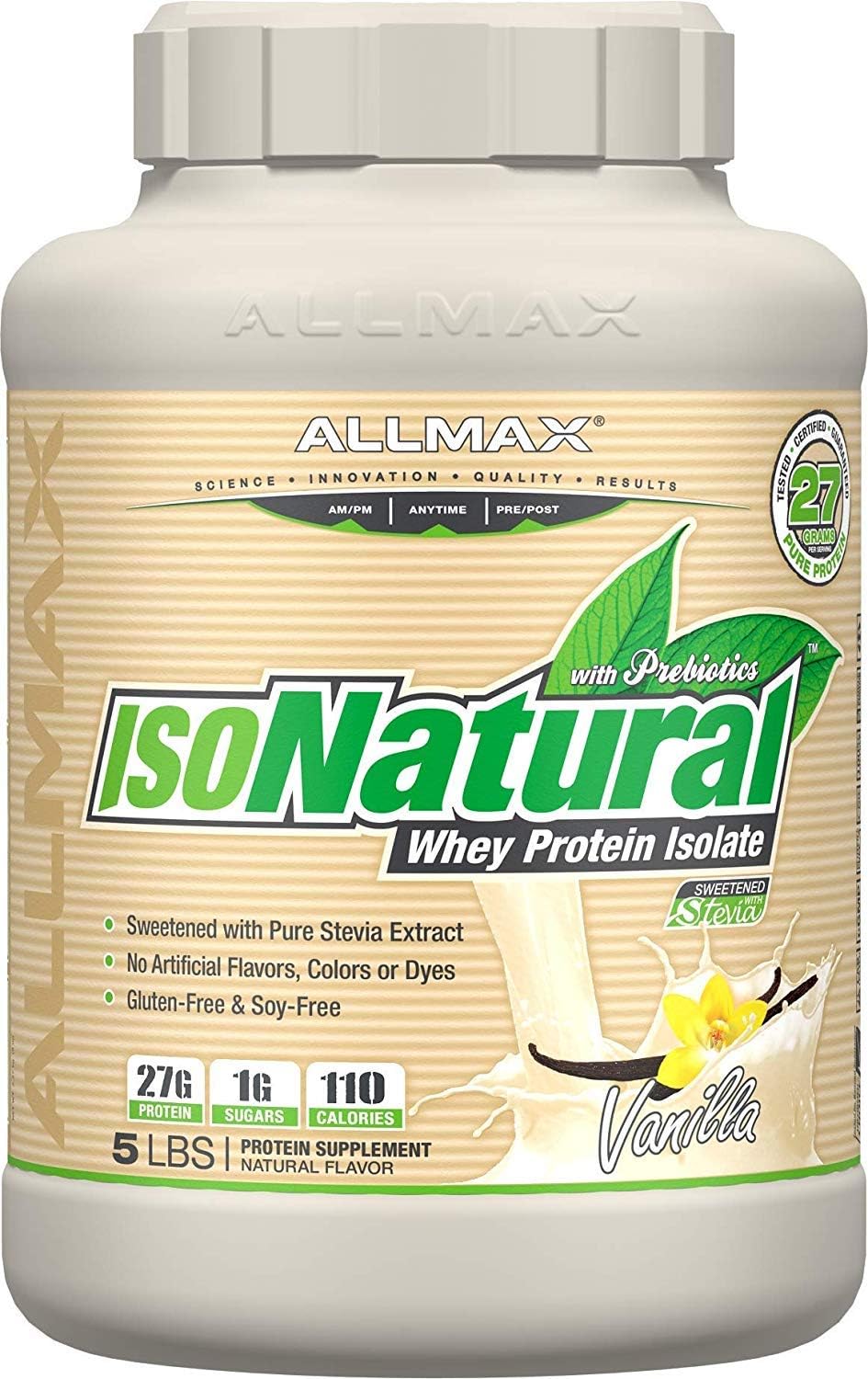 ALLMAX ISONATURAL Whey Protein Isolate, Vanilla - 5 lb - 27 Grams of Protein Per Scoop - Zero Fat & Sugar - 99% Lactose Free - With Prebiotics - No Artificial Flavors - Approx. 73 Servings