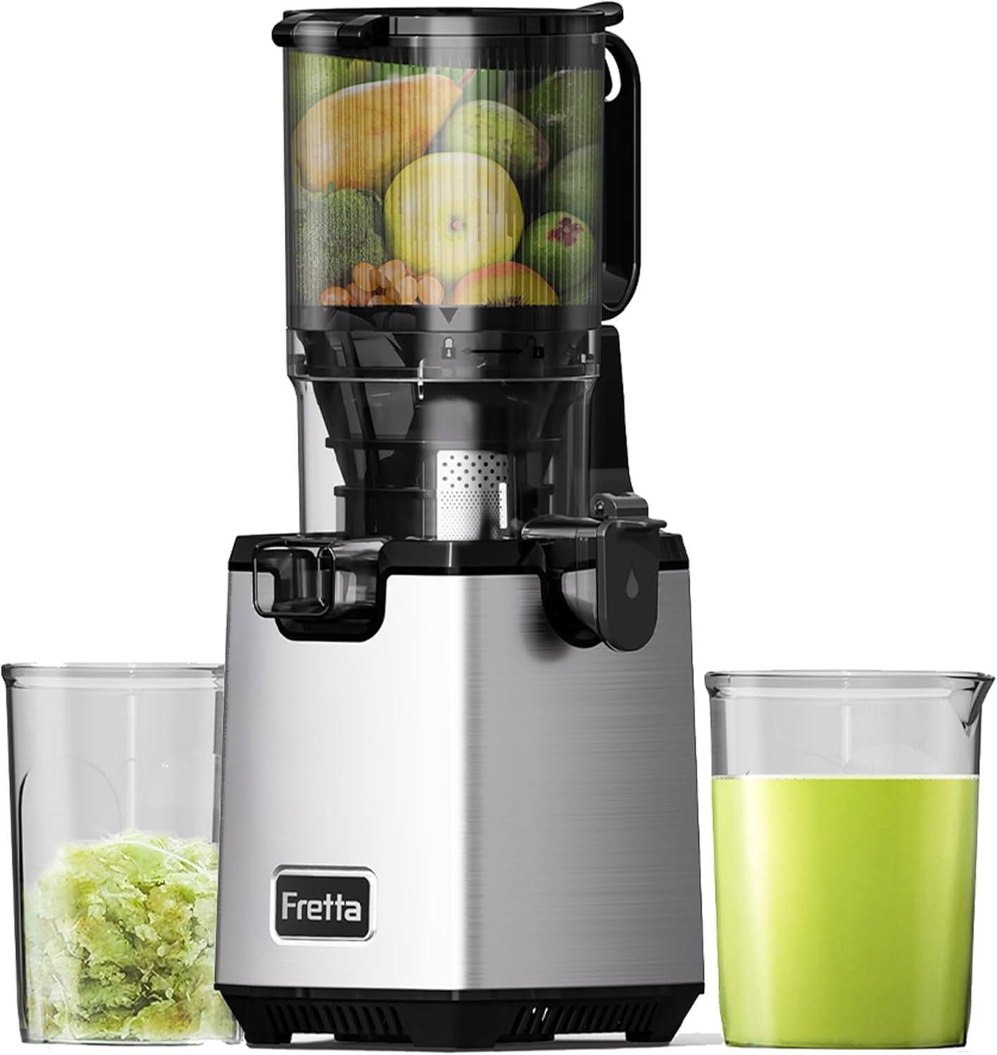 Fretta Juicer Machine,5.3" Wide Chute Cold Press Juicer,PCTG BPA-Free, 54oz Large Capacity,Stainless Steel Slow Masticating Juicer for Whole Fruits & Vegetables, Easy to Clean,High Juice Yield,Gray