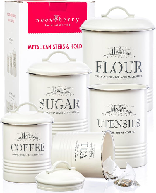 noonberry Set of 5 Canisters for Kitchen Counter, White Containers, Airtight Coffee Tea Flour Sugar Canisters Set & Utensil Holder for the Kitchen Countertop