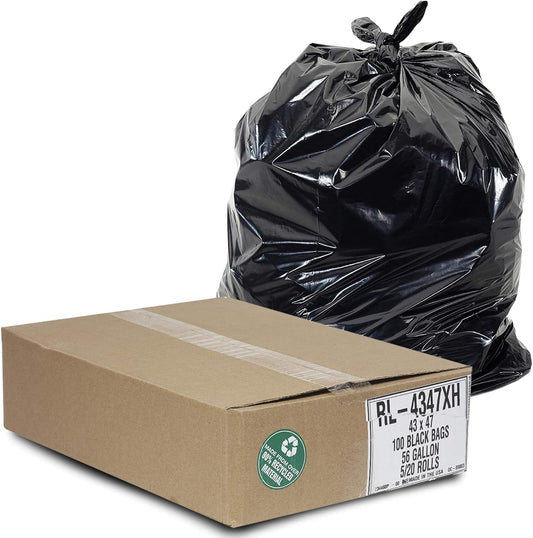 Aluf Plastics 56 Gallon Trash Can Liners (100 Count) - 43" x 47" - Thick 1.5 MIL Equivalent Black Trash Bags for Bathroom, Kitchen, Office, Industrial, Commercial, Recycling and More