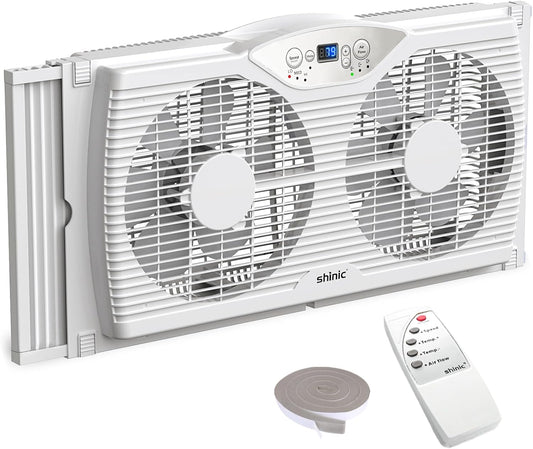 shinic Twin Window Fan with Reversible Airflow, Thermostat Controlled, 3 Speeds & 3 Functions(Exhaust, Intake & Circulate), 23.8" - 37" Expandable Width for Home Kitchen Use