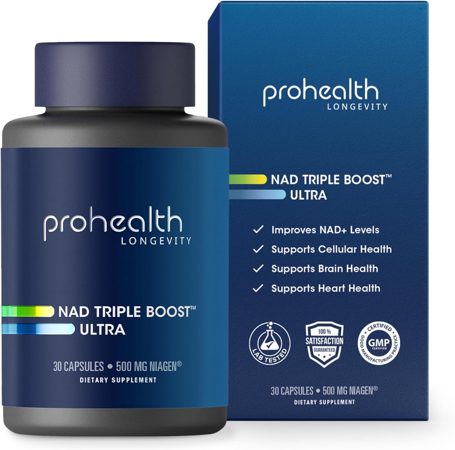 ProHealth NAD Triple Boost Ultra + 500mg Niagen NR. 3X NAD+ Optimizer Plus Apigenin, PQQ, Quercetin. Promotes Longevity, Heart and Brain Health, Activates Sirtuins for Cellular Repair (30 Servings)