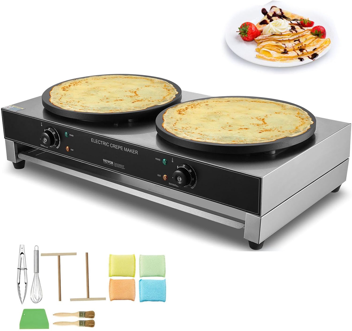 VEVOR Electric Crepe Maker, 16-Inch Double Head Commercial Crepe Machine, 3400W Flat Plate Crepe Griddle, Nonstick Stainless Steel Pancake Making, Desktop Circular Cereals Pancake Stove, AC120V 60Hz