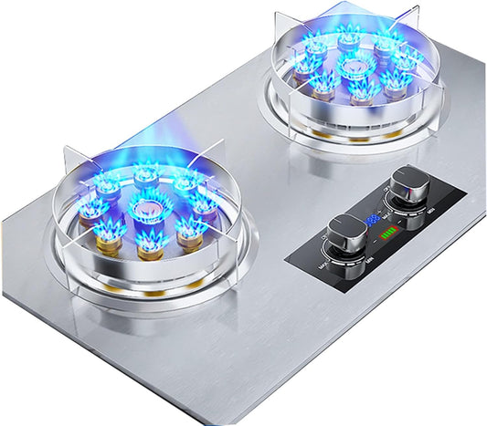 Gas Stove 75CM Stainless Steel Embedded Gas Stove 2 Burners Gas Stove, 90 Minutes Timer (Two-Sided Independent), Accidental Flameout Protection Device(LPG)