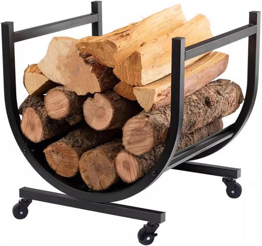 Portable Fireplace Firewood Holder with 4 Wheels, Mobile Log Holders for Wood Burner, Modern Curved Metal Firewood Rack, Home Interior Decor