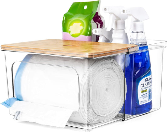 iCASA Trash Bag Dispenser Holder - 2 in 1 Clear Acrylic Plastic Garbage Bags Container With Bamboo Lid Storage Box for Kitchen Pantry Laundry Room Organization, Large Trash Bag Organizer Under Sink