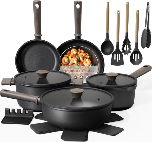 Astercook 19 Pcs Pots and Pans Set Non Stick, Black Titanium Induction Kitchen Cookware Sets, Non toxic Healthy Non Stick Kitchen Cooking Set with Frying Pans Set, PFAS PTFE PFOA PFOS Free