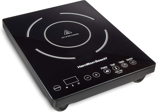 Hamilton Beach Portable Single Induction Cooktop Countertop Burner Hot Plate with Fast Heating Mode, 1800 Watts, 10 Temperature Settings up to 450F, Black (34104)