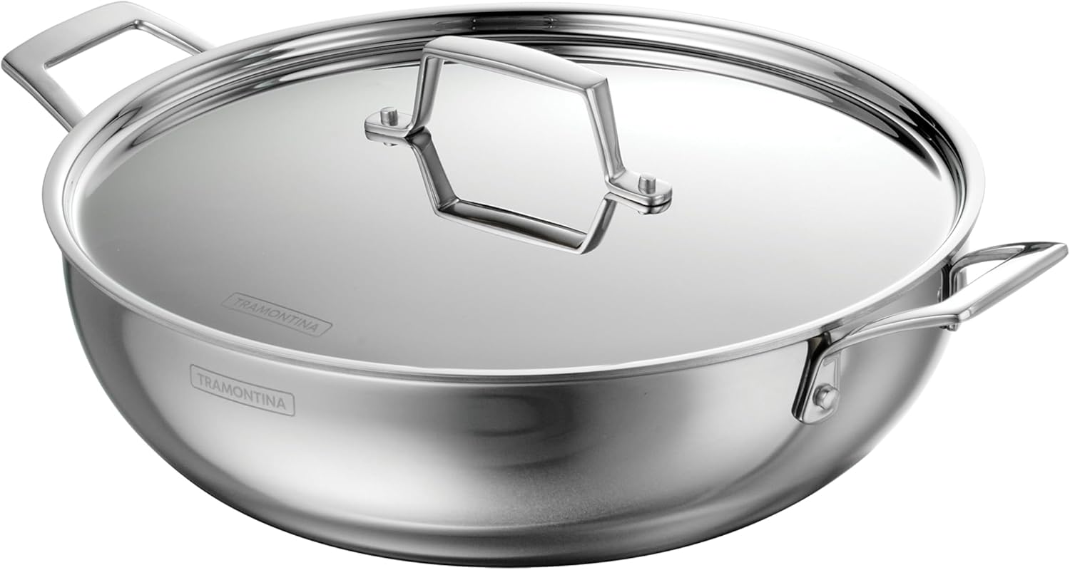 Tramontina Utsava 6-Quart Tri-Ply Clad Stainless Steel Kadai with Lid, Extra Large Kadhai Pot for Indian Cooking