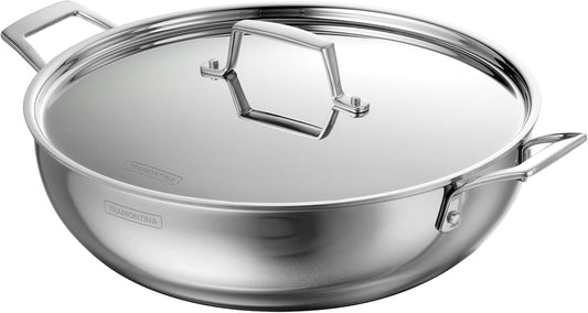 Tramontina Utsava 6-Quart Tri-Ply Clad Stainless Steel Kadai with Lid, Extra Large Kadhai Pot for Indian Cooking