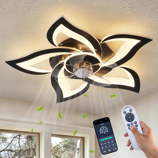 Dalouguan Ceiling Fan with Lights Remote Control, 24" Black, 6 Speeds 3 Light Color Low Profile Flush Mount Ceiling Fan for Kitchen Bedroom