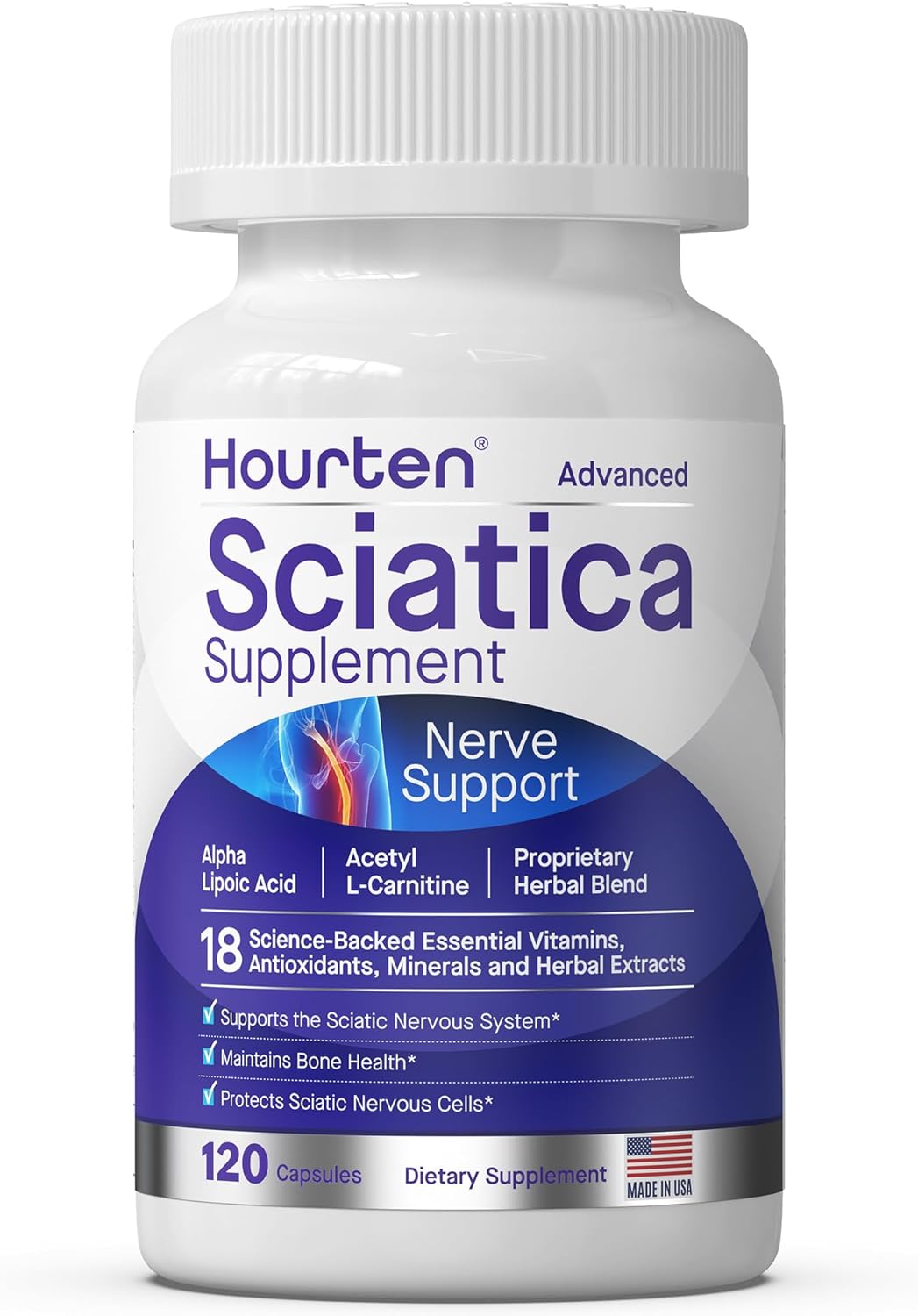 Hourten Advanced Sciatic Nerve Support Relief: Alpha Lipoic Acid - 18 in 1 Sciatica Supplements - Vitamin B Complex - Made in USA (120 Capsules)