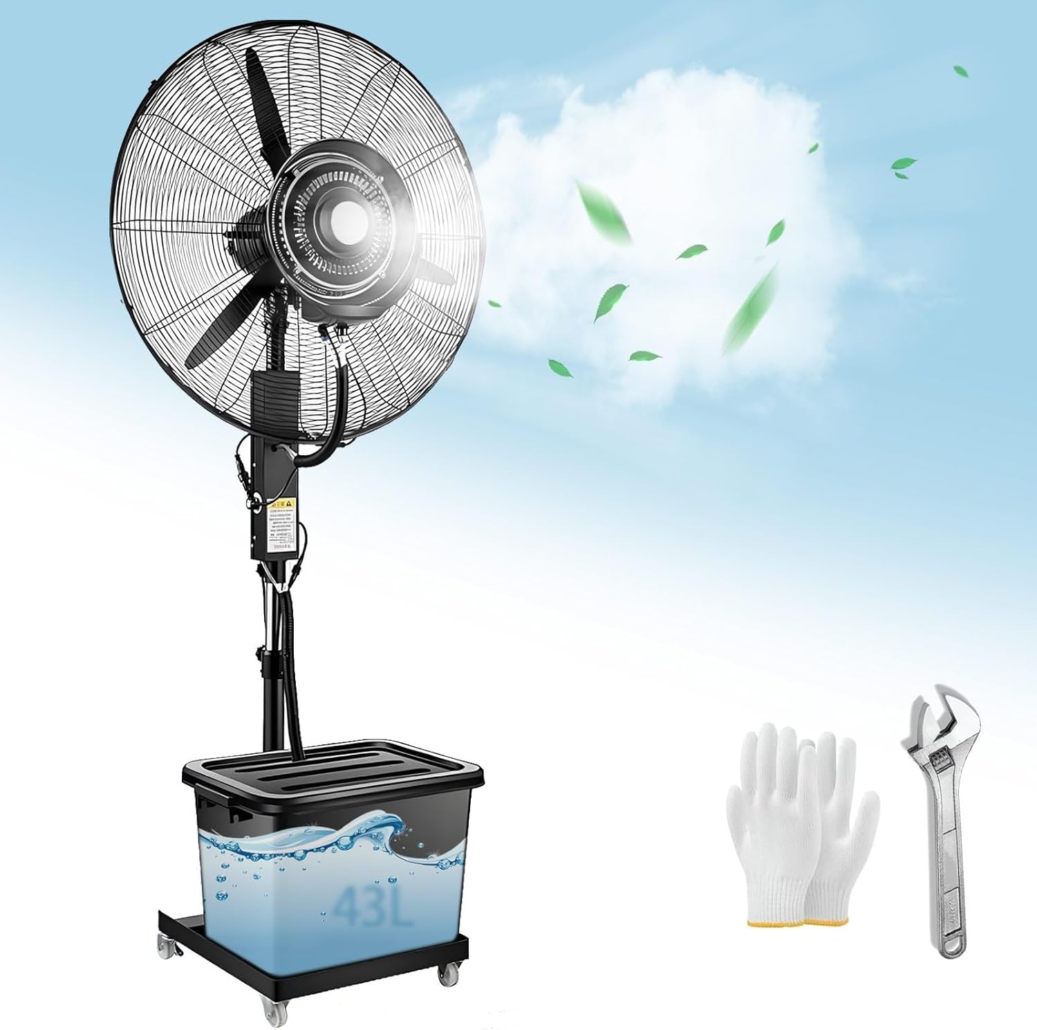 Oscillating Misting Fan,3 Cooling Speeds with 42L Tank,Black Standing Misting Fans,Portable Pedestal Fan for Backyards,Patios,Adjustable Height,26\/30 Inch Mist Fan(320W\/26in)