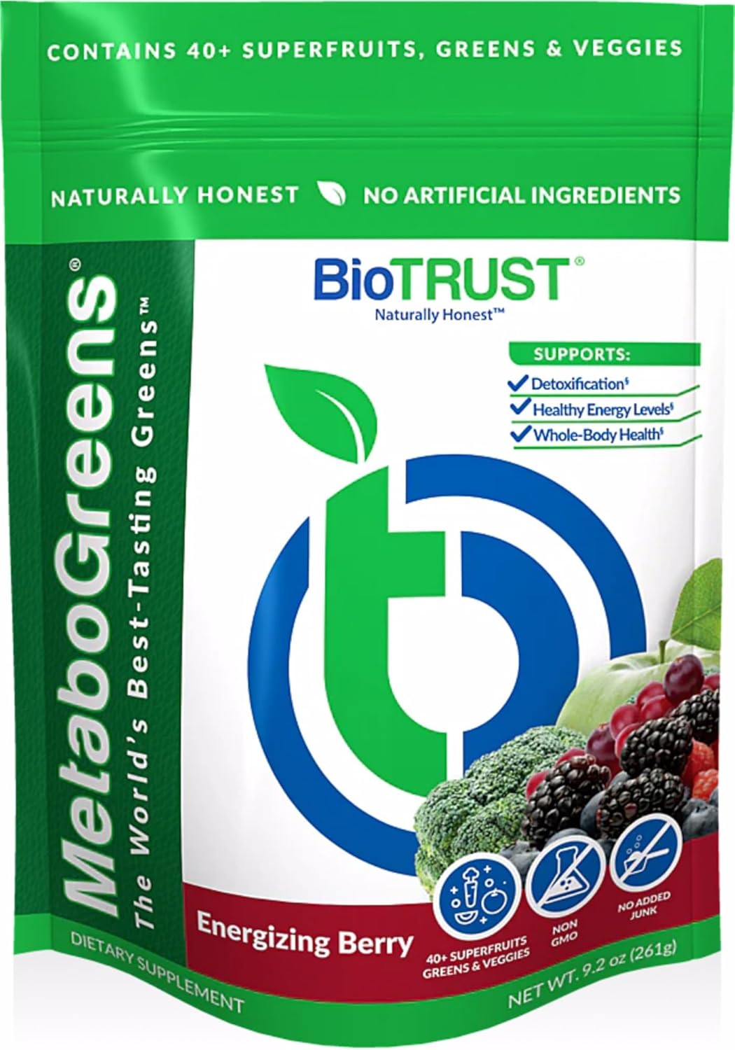 BioTrust Metabo Greens Superfood Powder - Super Greens Powder, Fruit & Veggie Blend with Clinically Studied Spectra - Non GMO, Soy Free, Gluten Free, Dairy Free, Energizing Berry Flavor (30 Servings)
