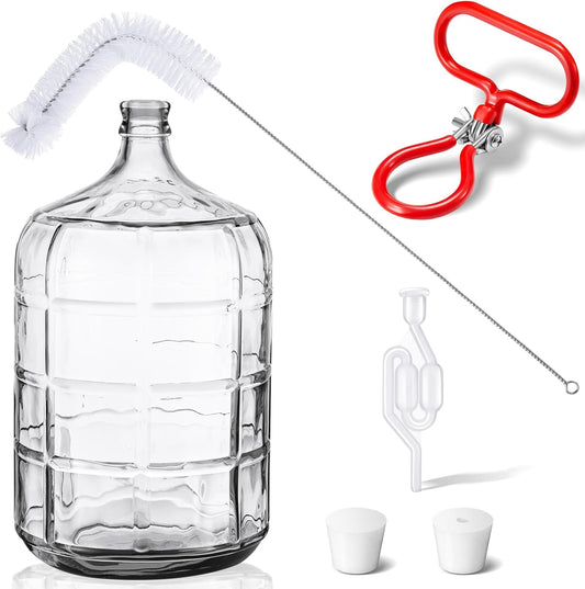 Suzile 5 Gallon Glass Carboy with Drilled and Undrilled Rubber Stoppers Bubble Airlock and Carboy Handle Brush Wine Fermenter Beer Fermenting Jug Glass for Beer Wine Making Equipment (Clear)