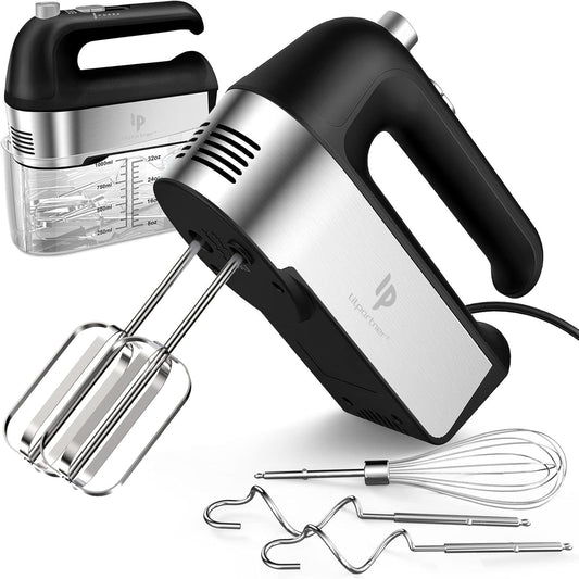 Hand Mixer Electric, 450W Kitchen Mixers with Scale Cup Storage Case, Turbo Boost\/Self-Control Speed + 5 Speed + Eject Button + 5 Stainless Steel Accessories, For Easy Whipping Dough,Cream,Cake