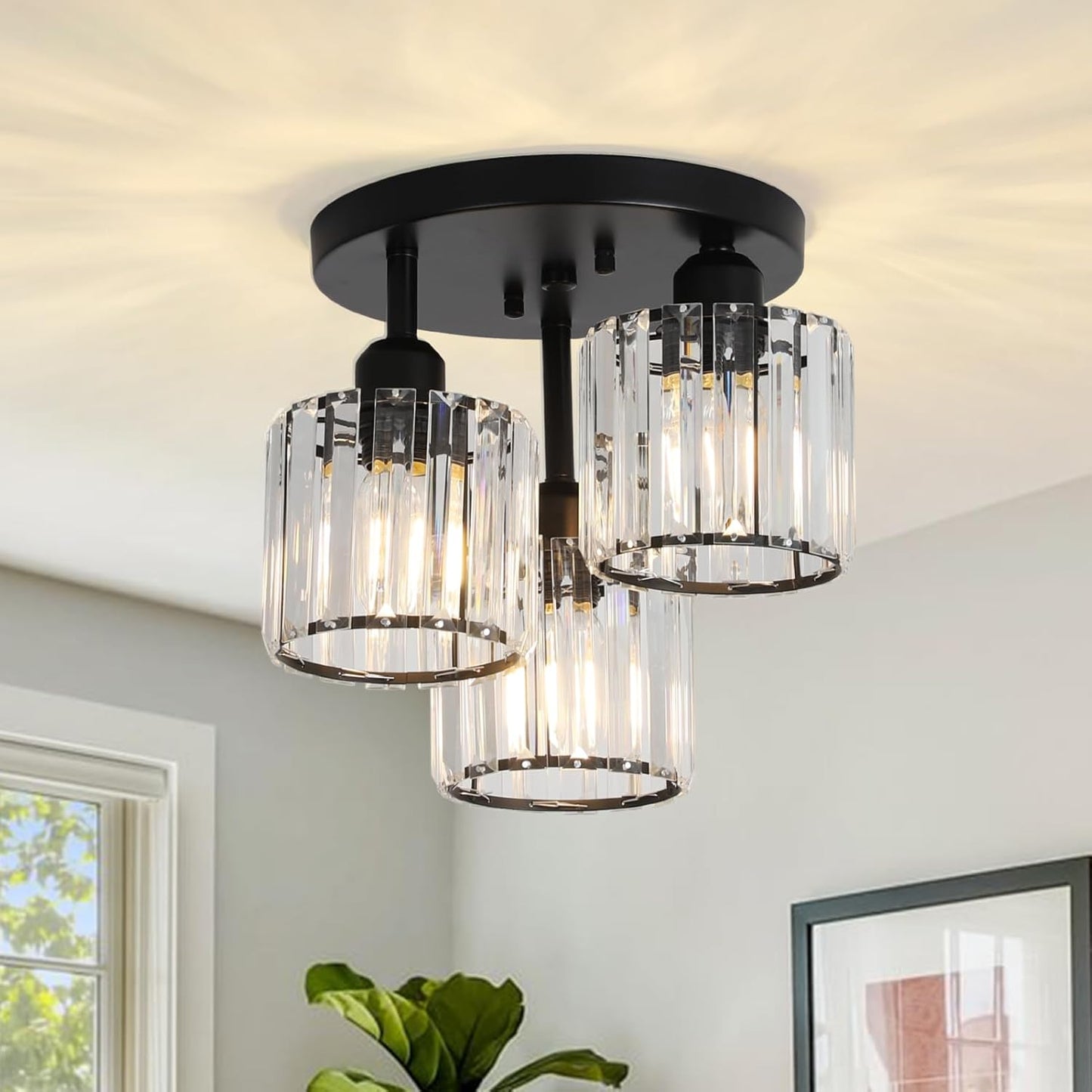 PAUFUL Crystal Semi Flush Mount Ceiling Light,3-Light Modern Close to Ceiling Light Fixtures,Black Kitchen Light Fixtures with Clear Crystal Shade,Hallway Light Fixtures for Hallway Bedroom Bathroom