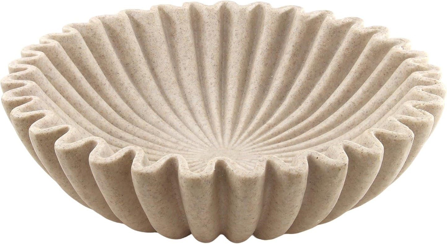Plukers Large Modern Decorative Ruffle Bowl for Home Decor Fruit Bowl Organic Catch All Key Kitchen Entryway Shelf Coffee Table,Artificial Stone Beige