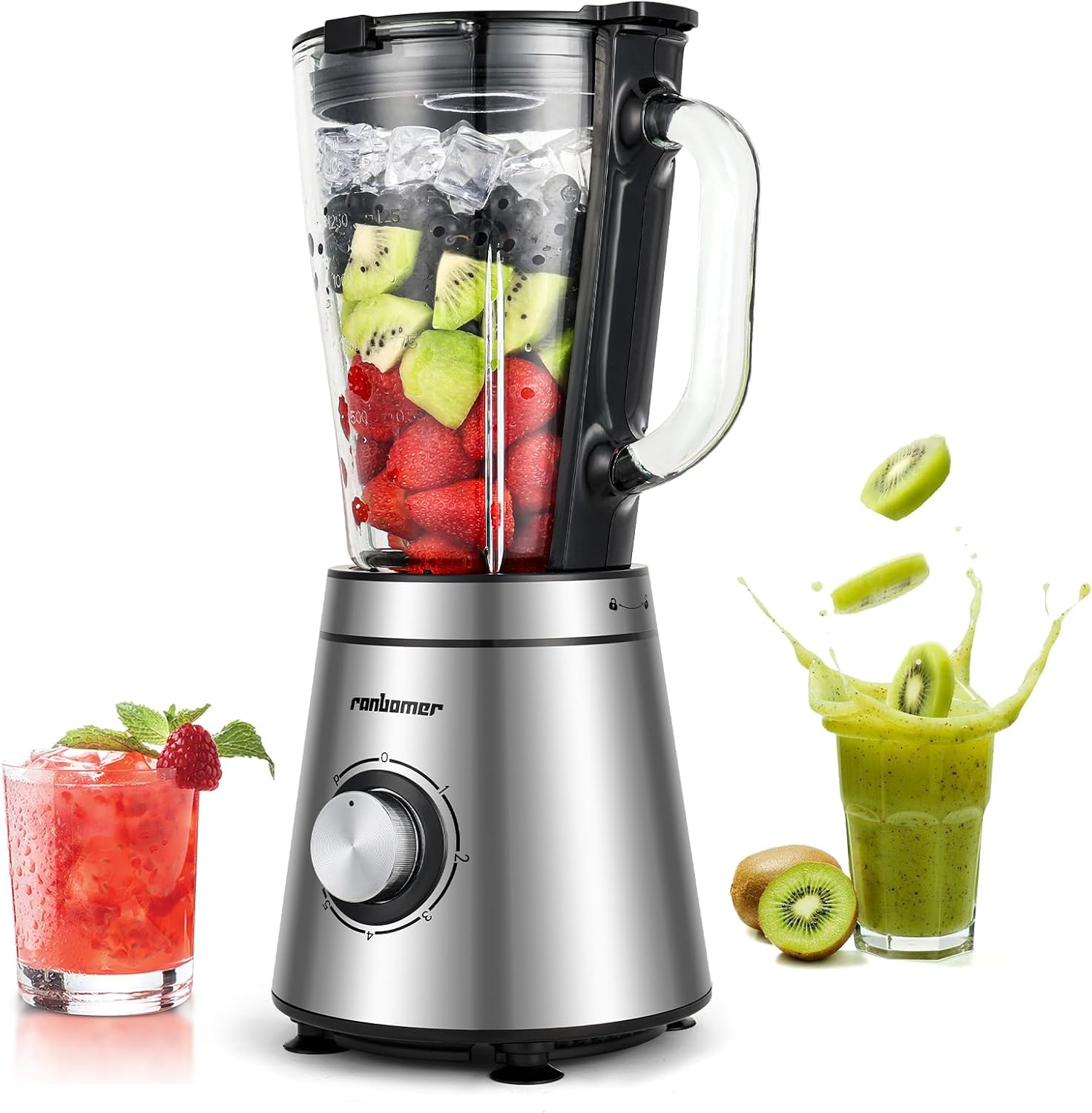 Blender,Blenders for Kitchen,Glass Blender for Shakes and Smoothies,crush ice,51 oz Glass Jar,Simple Speed Dial,6 Stainless Steel Blades, Ice Crusher with Speed Control, Silver.