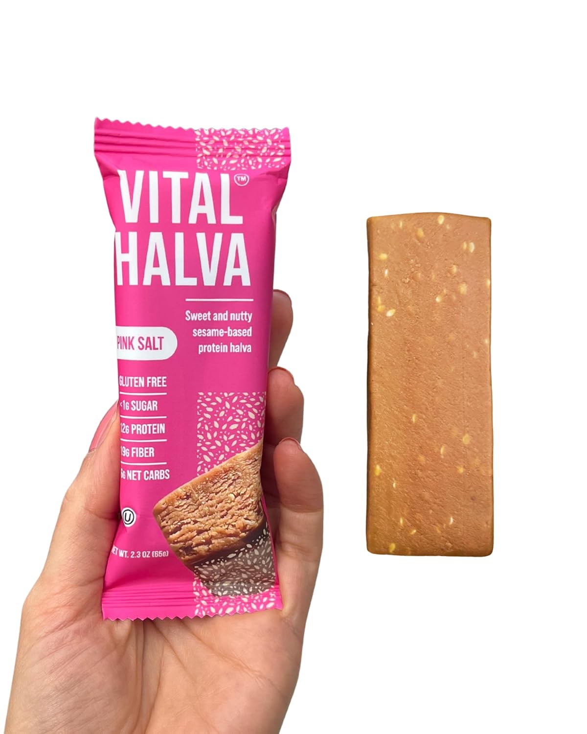 Vital Halva - Pink Salt - High Fiber Sesame Butter Protein Bar (10 Bars, 65g each), GF, Low Sugar Snack, 19g Fiber, 12g Protein, 6 Net Carbs, 15mg Iron, 350mg Potassium