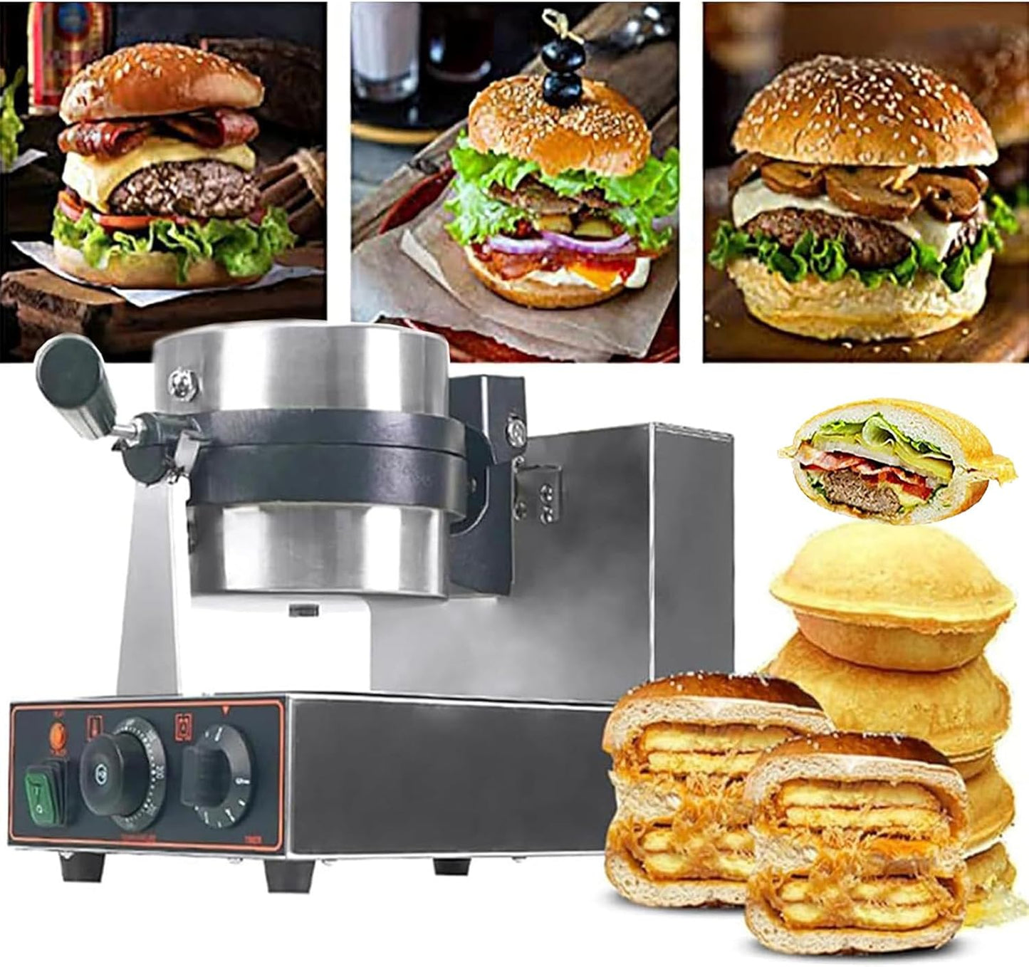 Panini Press Brioche Burger Ice Cream Maker, Electric Burger Waffle Maker Machine,Non-stick Plates Independent Temperature Control for Bakeries, Restaurants