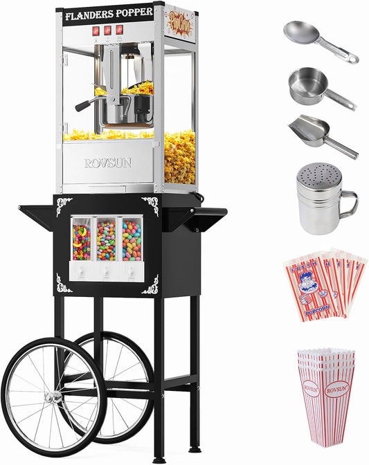 Bonnlo Popcorn Machine Cart with 10 Oz Kettle Makes Up to 40 Cups and Warming Light, Movie Theater Style Popcorn Maker with Candy Dispenser, Stainless Steel, Black