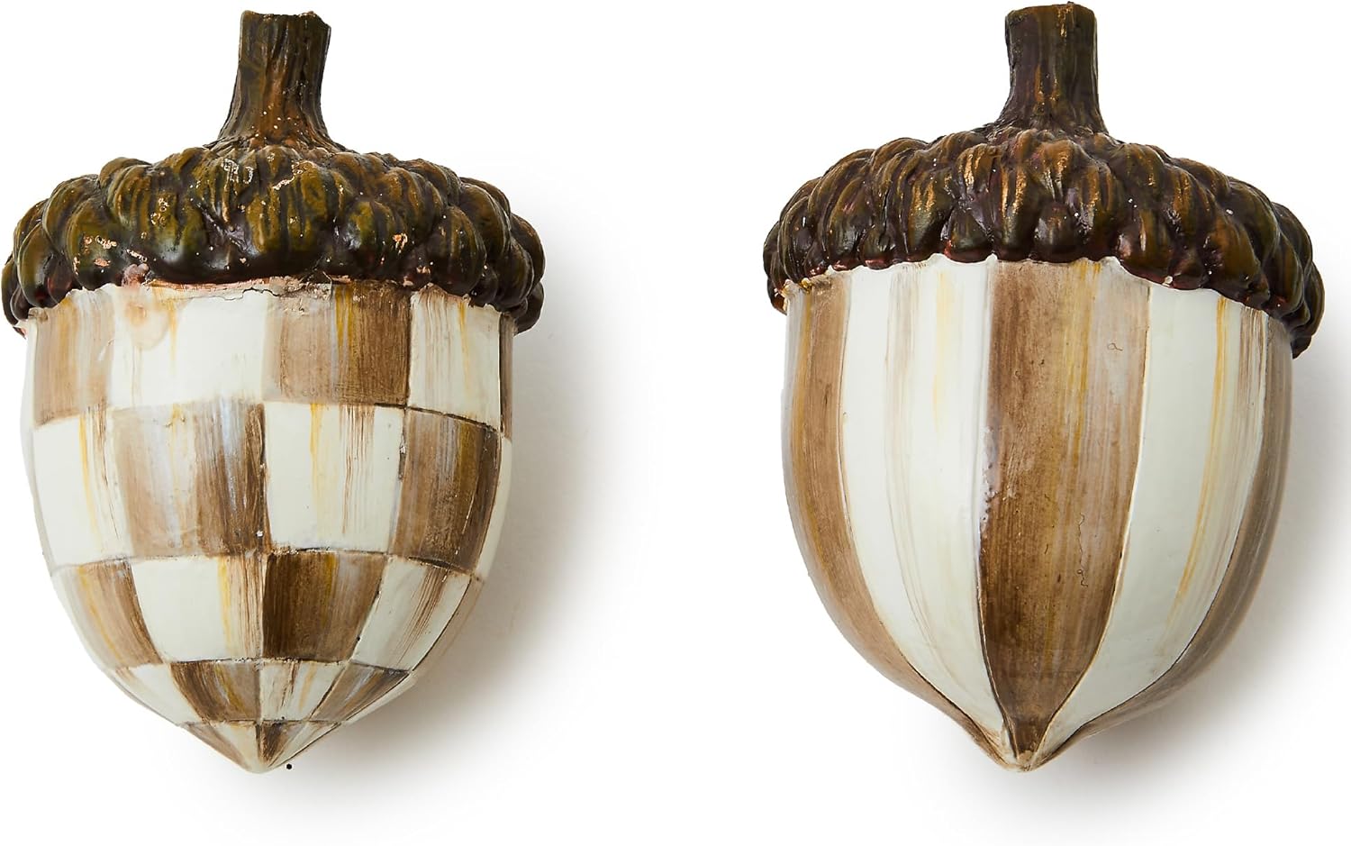 MACKENZIE-CHILDS Decorative Acorns, Resin Acorn Fall Decor for Kitchen and Home, Set of 2, Brown-and-White Mocha Check