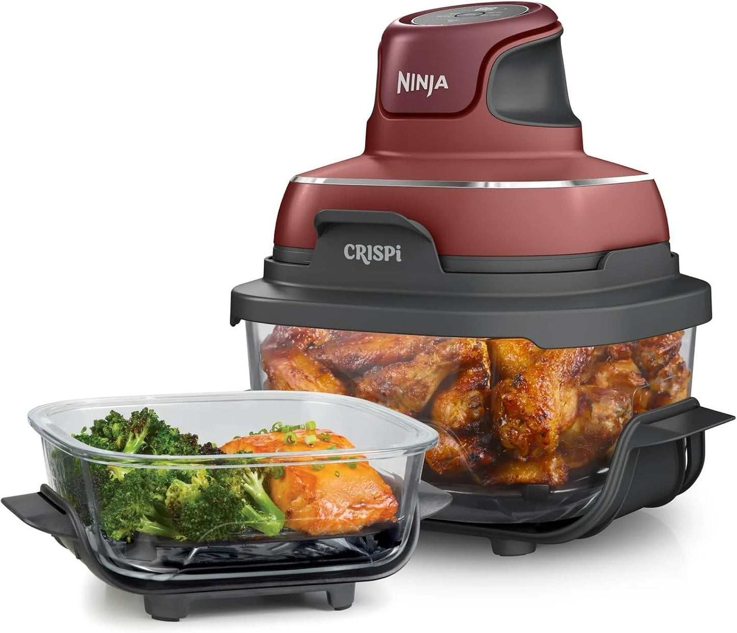 Ninja Crispi® 3-in-1 Portable Glass Air Fryer Cooking System \u2013 4-Qt & 5-Cup Borosilicate Containers, Air Fry, Roast, Reheat, Compact Design, Dishwasher Safe, for Healthy On-the-Go Meals (Cherry)