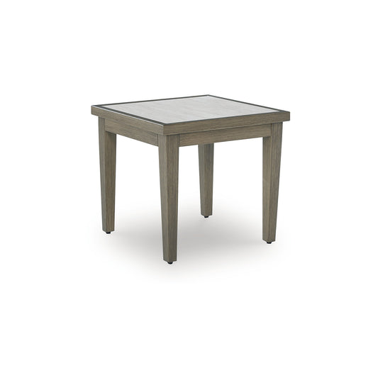 Signature Design by Ashley Rainier Ranch Brown Beige Outdoor End Table with Sintered Stone Top and Aluminum Frame