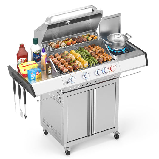 COWSAR Stainless steel with light 4 -Burner Liquid Propane Gas Grill 1 -Side Burner