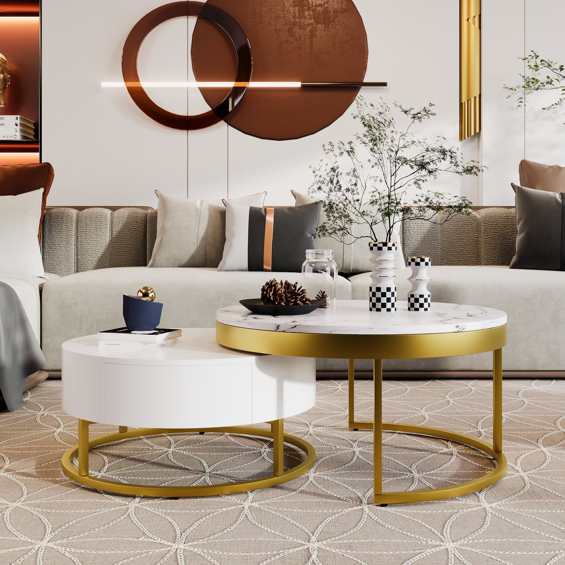 ModernLuxe Modern Round  Nesting Coffee Table with Drawers in White