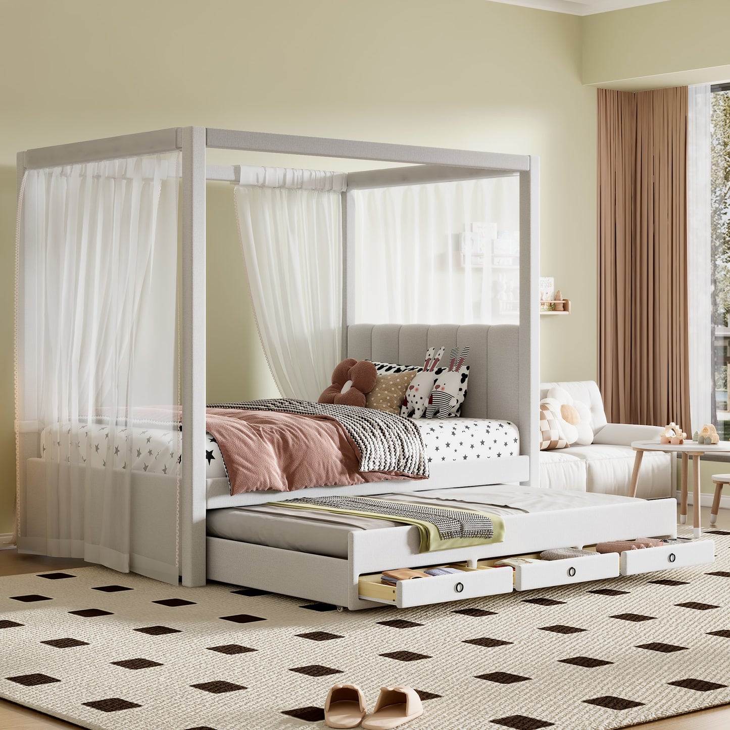 ModernLuxe Twin Size Upholstery Canopy Platform Bed with Trundle and Three Storage Drawers Beige
