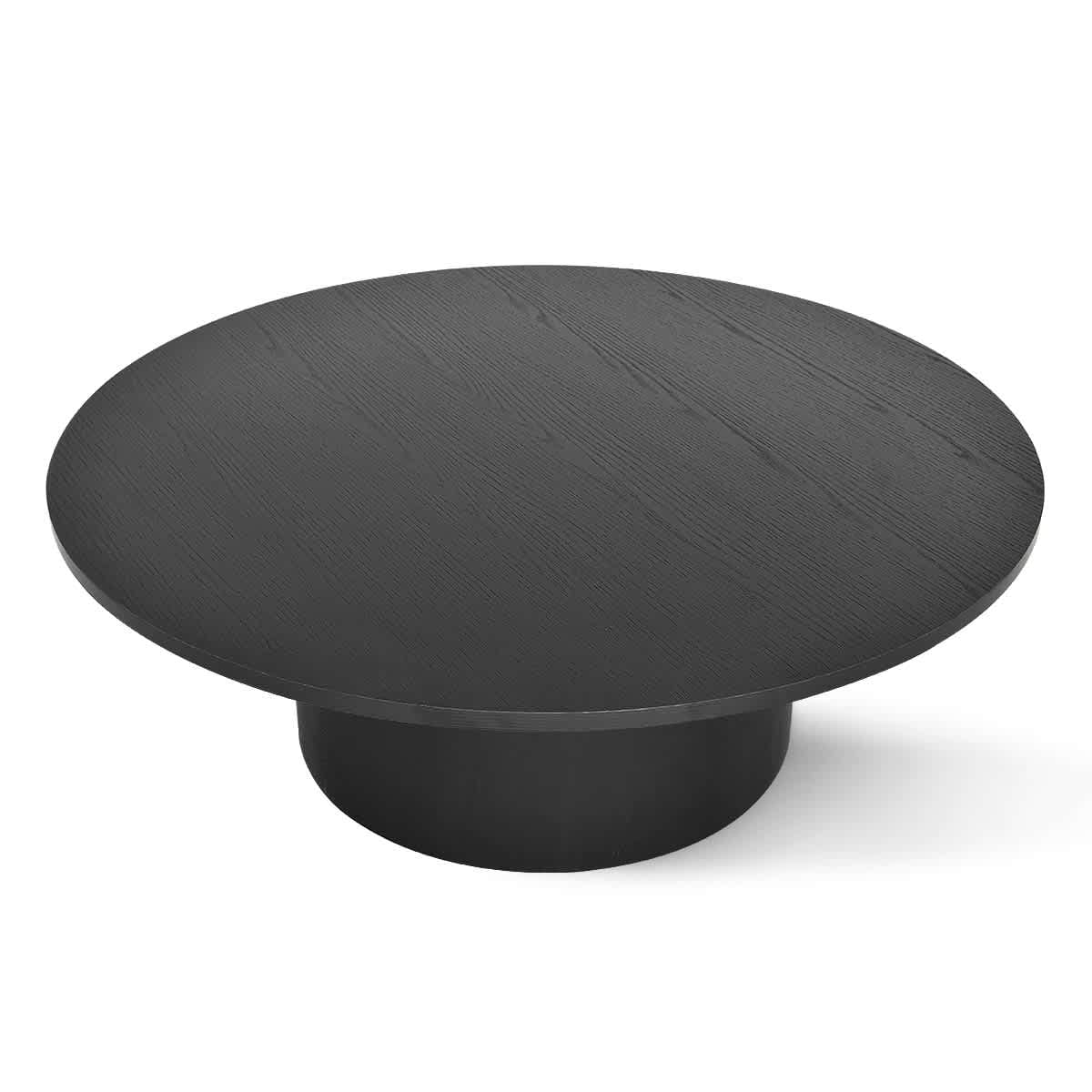 Maison Boucle 40 Inch Round Black Coffee Table with Pedestal Base and Wood Grain Top for Living Room