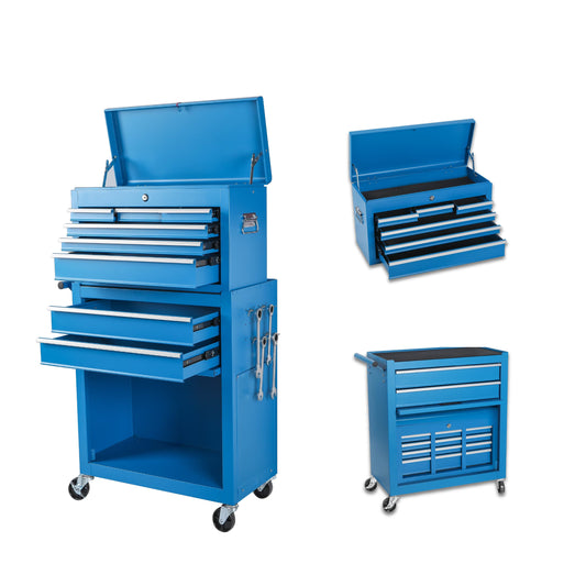 Vynxaria  8 Drawer Rolling Tool Chest with 2 in 1 Detachable Top Tool Box  Lockable Wheels  Side Hooks  and Spacious Storage   Durable Metal Tool Cabinet for Garage Workshop Blue