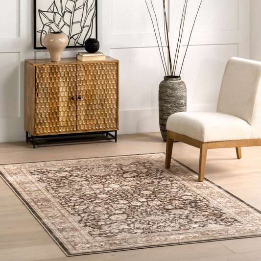 nuLOOM Cerise Floral Faded SplashGuard Machine Washable 9ft. x 12ft. Dark Brown Area Rug