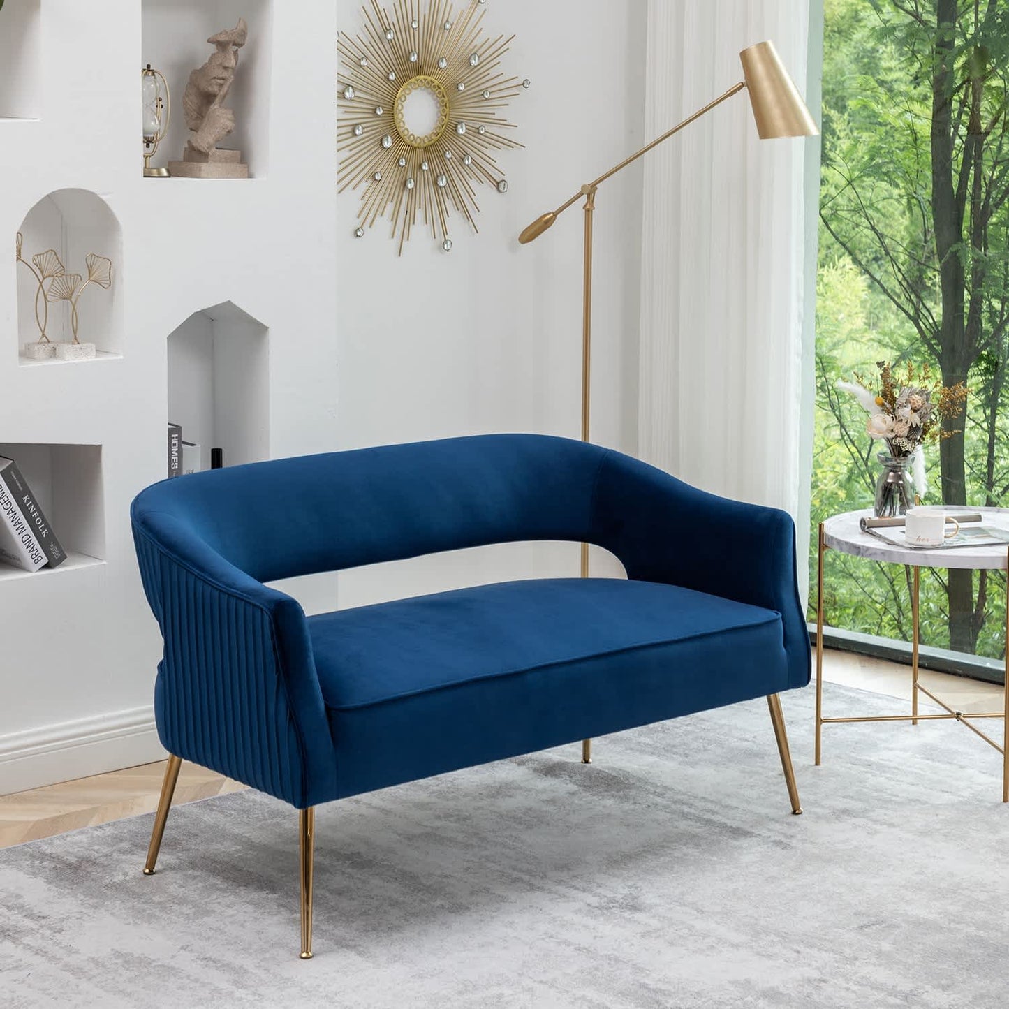 SEYNAR  Modern 51 inch Velvet Tufted Loveseat Open Back with Golden Metal Legs