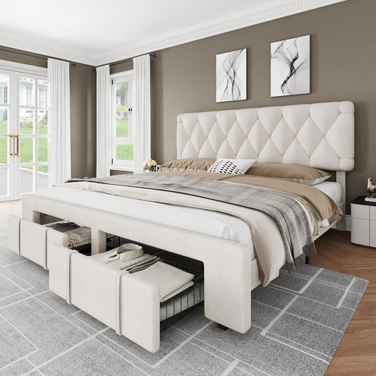 Qeetex King Size Bed Frame Upholstered Platform Bed Frame with Storage Drawers Mattress Foundation with Solid Wooden Slats Support No Box Spring Needed Beige