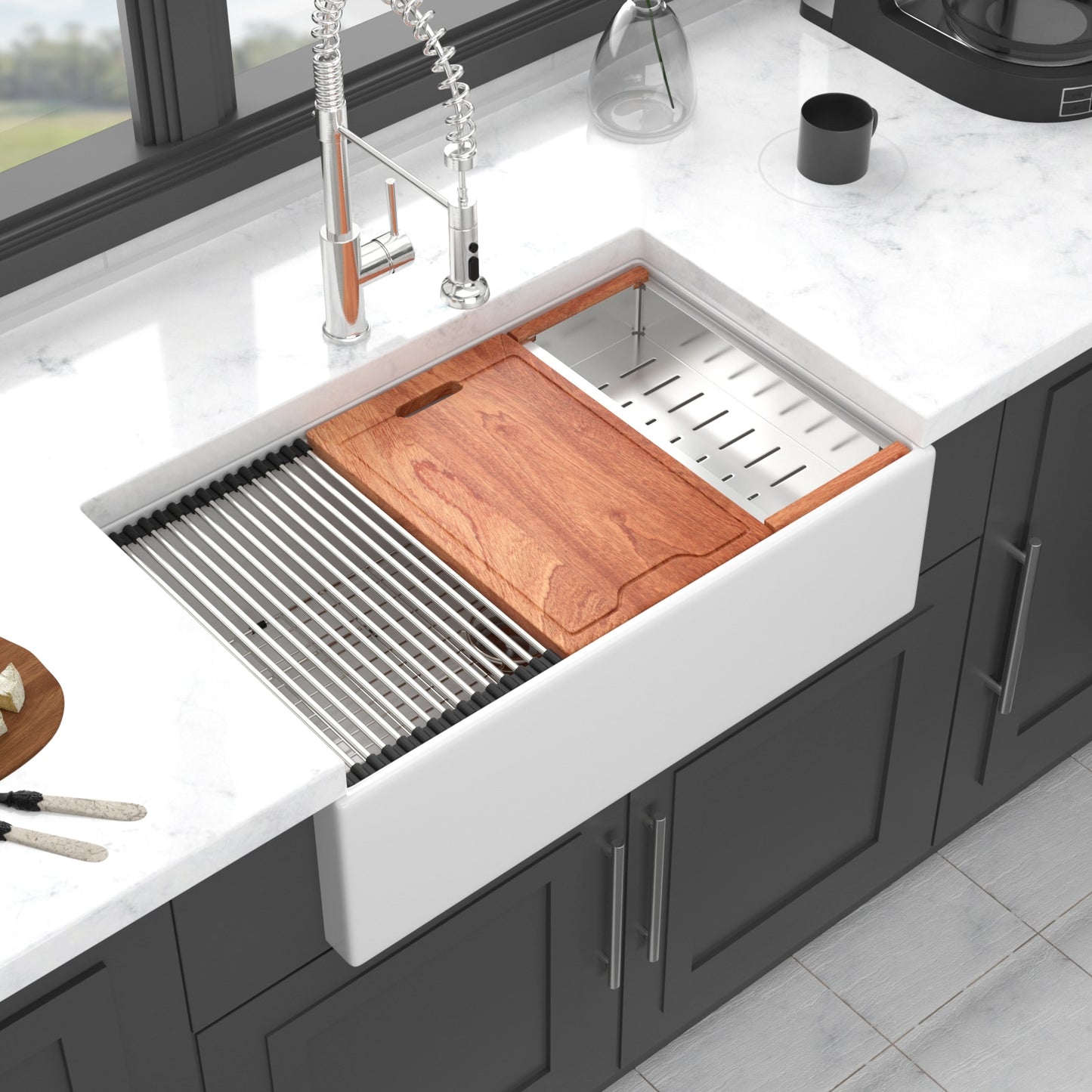 Tatayosi 30x20 inch White Farmhouse Sink Workstation Ceramic Single Bowl Farm Kitchen Sink