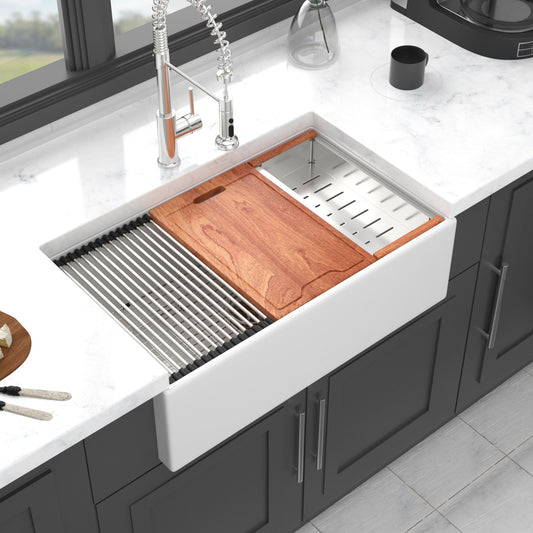 Tatayosi 30x20 inch White Farmhouse Sink Workstation Ceramic Single Bowl Farm Kitchen Sink