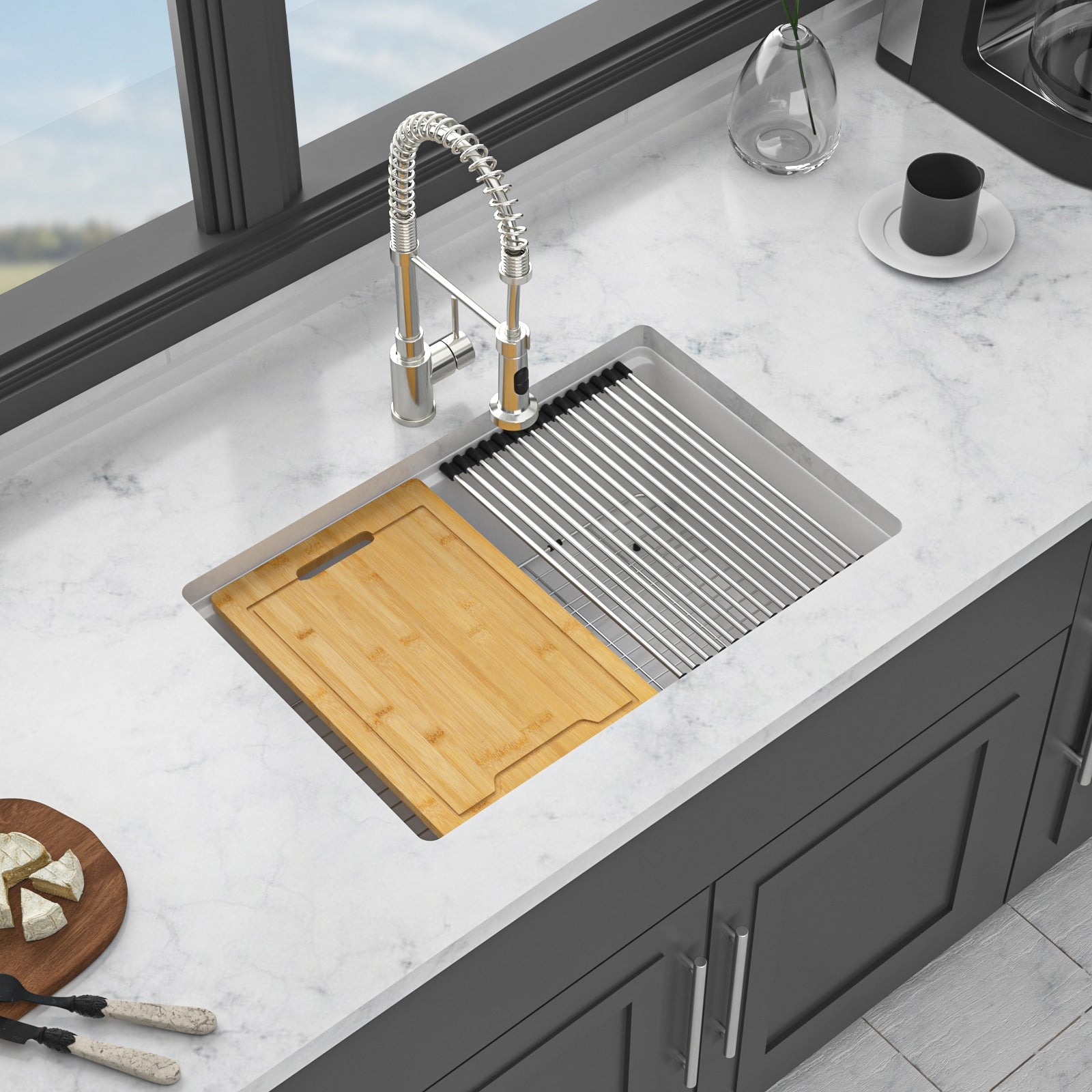 Tatayosi Quartz Kitchen Sink 28x19 inch White granite composite Workstation undermount kitchen sink