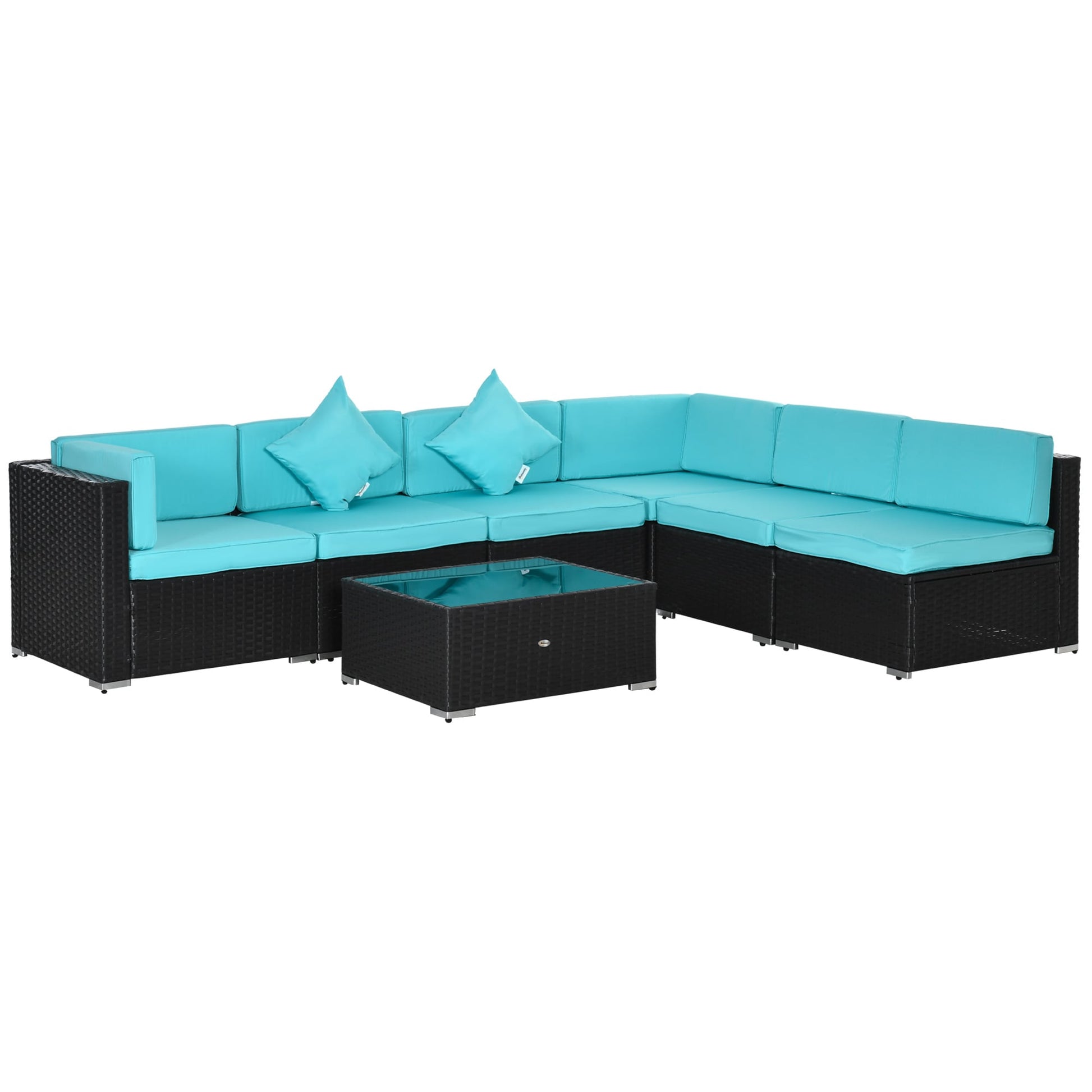 Outsunny  7-Piece Patio Furniture Set Outdoor Wicker Conversation Set All Weather PE Rattan Sectional Sofa Set with Cushions and Tempered Glass Top Coffee Table Pillows Turquoise