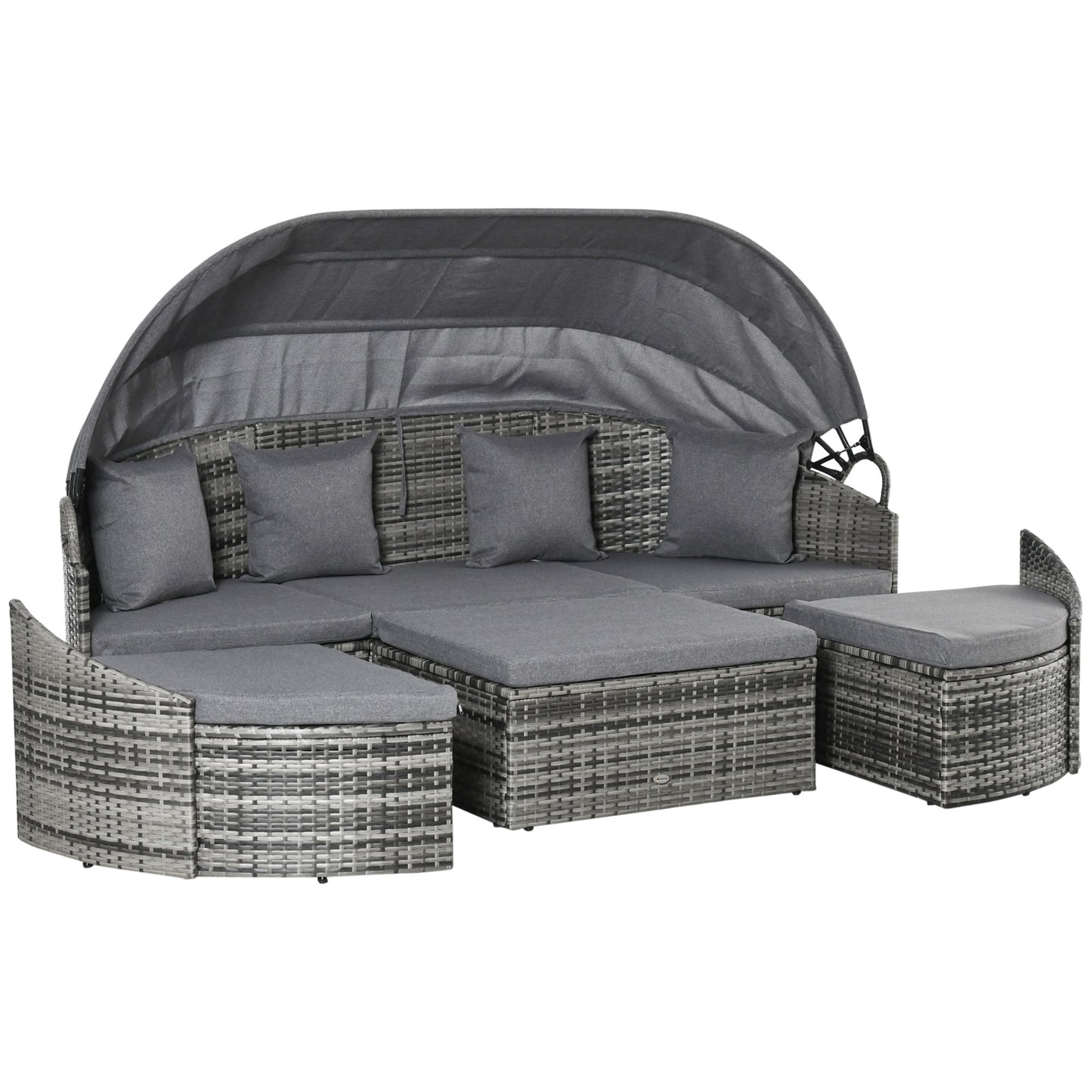 Outsunny  4-Piece Outdoor Rattan Furniture Set Round Convertible Patio Daybed or Sunbed Sectional Sofa with Canopy Pillows Cushions Footrest Table PE Plastic Wicker Grey