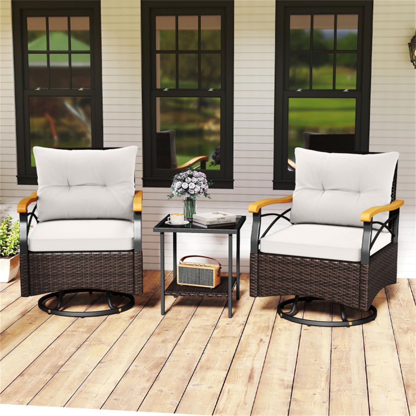 BABOOM Outdoor Swivel Chair Set 3 -Piece Rattan Patio Conversation Set with Off-white Polyester Cushions