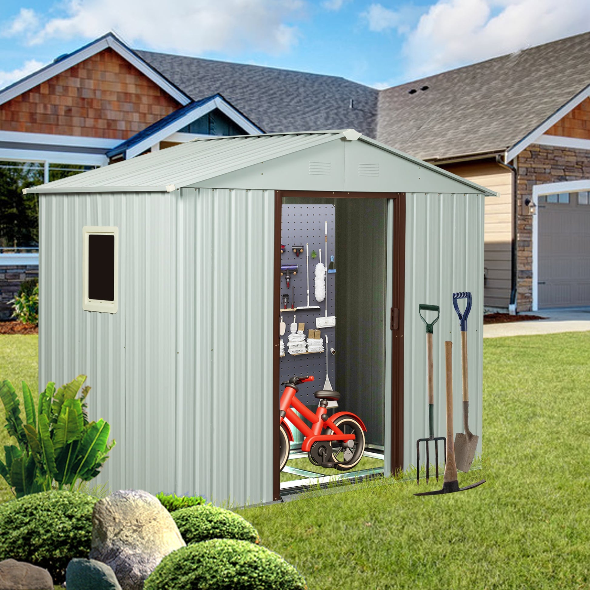 Tatayosi 6ft x 5ft Outdoor Metal Storage Shed With window and metal foundation White