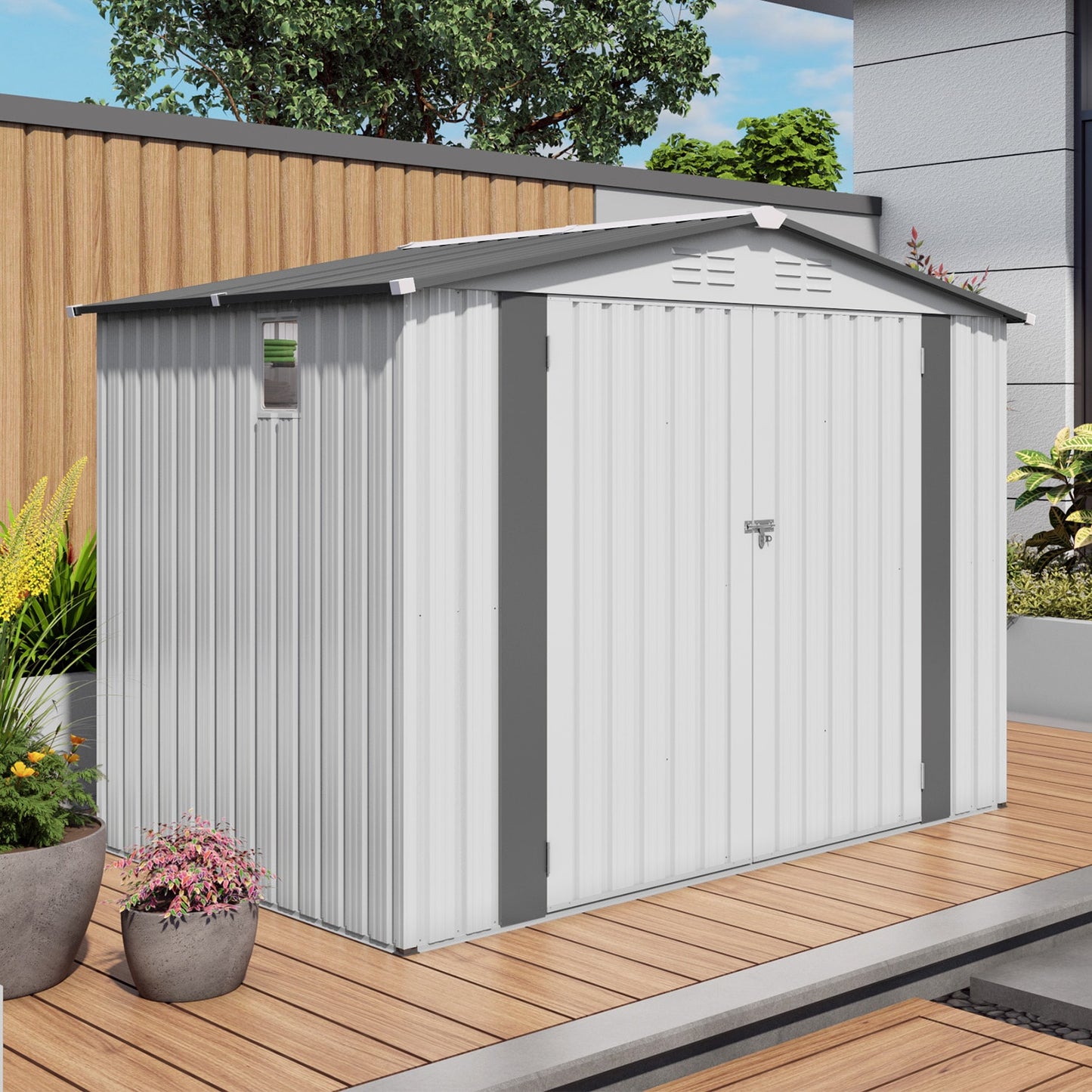 Tatayosi 8X6 FT Metal Outdoor Storage Shed Tool Shed with Pitched Roof Waterproof with Side Window and Lockable Door Metal Tool Shed for Garden Tool Storage Everyday Sundries and Bike Storage White + Gray