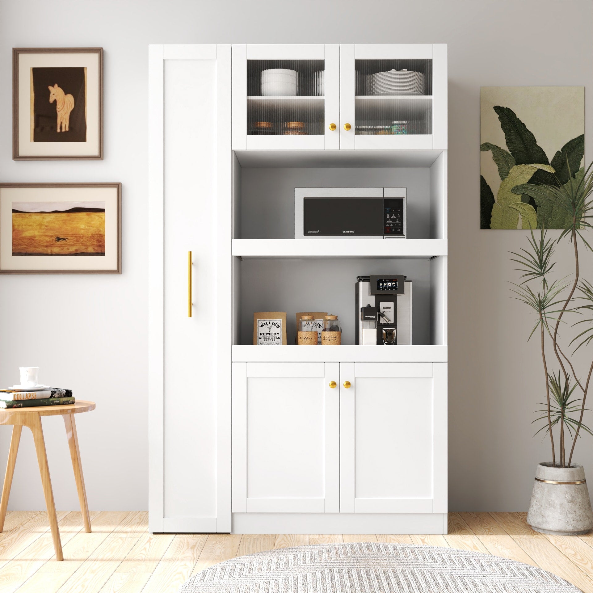 LOVMOR Kitchen pantry cabinet with multifunctional pullout multitier storage shelf Farmhouse Storage Cabinet with 4 DoorsPantry Organizers for Kitchen Dining Room(White)