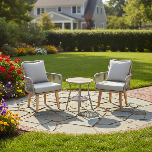 Teamson Home Patio Furniture 3 -Piece Brown Wicker Bistro Patio Dining Set Aluminum Round Table with 2 Light gray Cushions Stationary Chairs