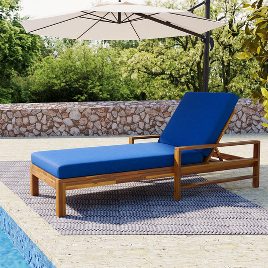 Rbied Patio chair Brown Wood Frame Stationary Chaise Lounge Chair with Blue Cushioned Seat
