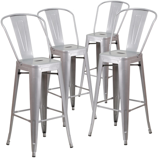 Flash Furniture Lily Commercial Grade 4 Pack 30-in High Silver Metal Indoor-Outdoor Barstool with Removable Back