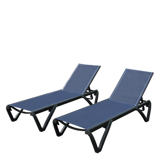 GDFStudio Modern Outdoor Set of 2 Aluminum Plastic Adjustable Chaise Lounge with Wheels Poolside Navy Blue